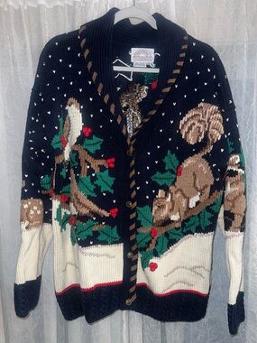 Vintage Traditional Trading Co. Christmas Cardigan Sweater Snow Animals Holly XL